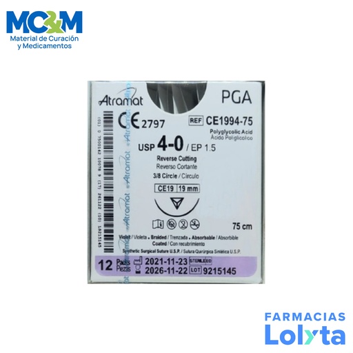 [2892] SUTURA ACIDO POLIGLICOLICO 4/0 19 MM 75 CM 3/8 REVERSO CORTANTE C/12 CE1994-75 ATRAMAT PGA