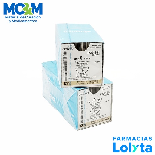 [2896] SUTURA CATGUT CROMICO 0 26 MM 75 CM 1/2 AHUSADA REGULAR REDONDA C/12 R2611-75 ATRAMAT