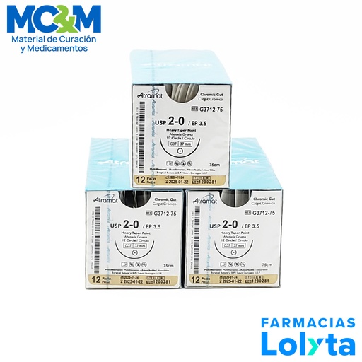 [2904] SUTURA CATGUT CROMICO 2/0 37 MM 75 CM 1/2 AHUSADA GRUESA REDONDA C/12 G3712-75 ATRAMAT
