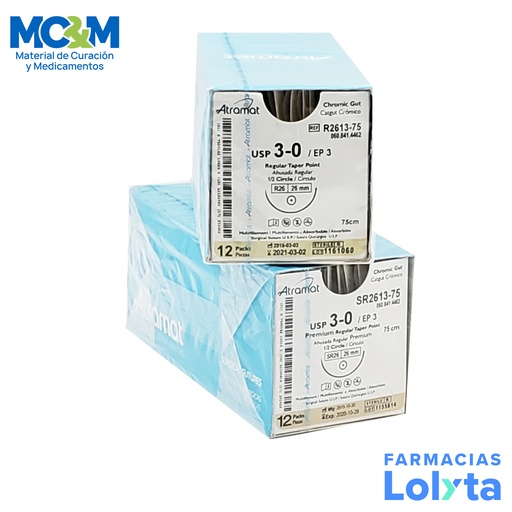 [2905] SUTURA CATGUT CROMICO 3/0 26 MM 75 CM 1/2 AHUSADA REGULAR REDONDA C/12 R2613-75 ATRAMAT