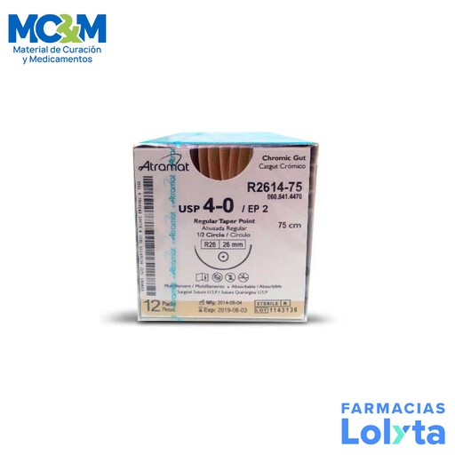 [2909] SUTURA CATGUT CROMICO 4/0 26 MM 75 CM 1/2 AHUSADA REGULAR REDONDA C/12 R2614-75 ATRAMAT