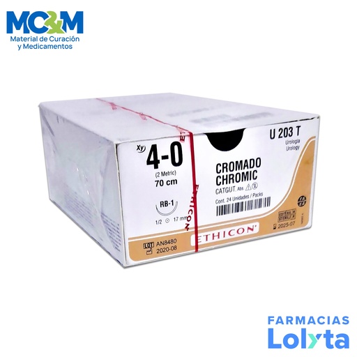 [795] SUTURA CATGUT CROMICO 4/0 17 MM 70 CM RB-1 AHUSADA REDONDA C/12 U203T ETHICON UROLOGIA