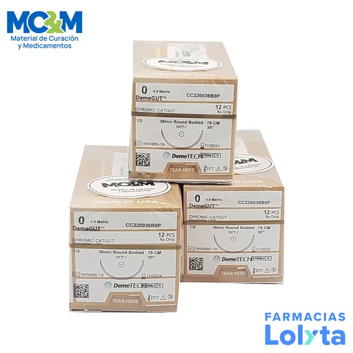 [3450] SUTURA CROMICO 0 36 MM 75 CM REDONDA C/12 CC220036B0P DT-812-1 DEMETECH