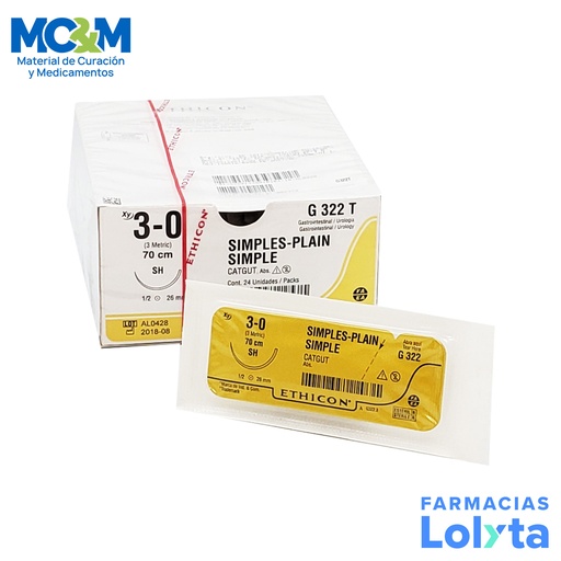 [3821] SUTURA CATGUT SIMPLE 3/0 26 MM 70 CM SH AHUSADA REDONDA C/12 G322T ETHICON GASTROINTESTINAL/UROLOGIA