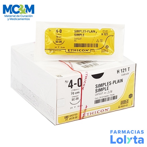 [3822] SUTURA CATGUT SIMPLE 4/0 19 MM 70 CM SC-20 REVERSO CORTANTE C/12 H121T ETHICON CUTICULAR
