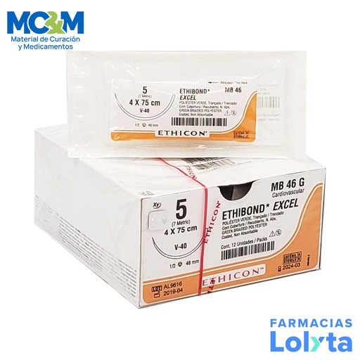 [3827] SUTURA ETHIBOND EXCEL 5 48 MM 4 X 75 CM V-40 TAPERCUT POLIESTER VERDE PIEZA MB46G ETHICON