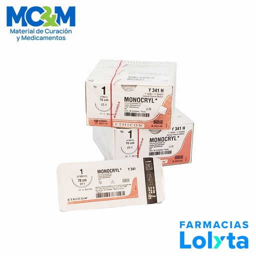 [3832] SUTURA MONOCRYL 1 36.4 MM 70 CM CT-1 AHUSADA REDONDA POLIGLECAPRONE 25 C/12 Y341H ETHICON GENERAL