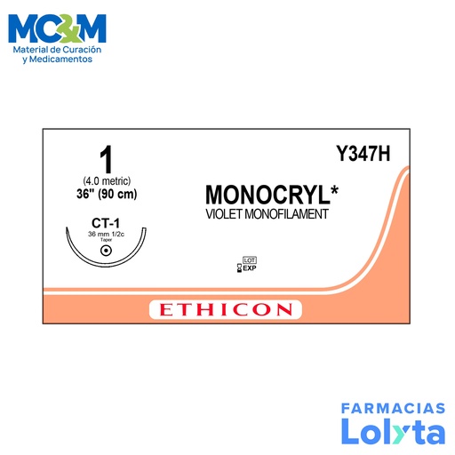 [796] SUTURA MONOCRYL 1 36.4 MM 90 CM CT-1 AHUSADA REDONDA POLIGLECAPRONE 25 C/12 Y347H ETHICON