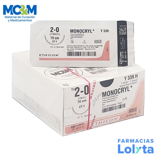 [3833] SUTURA MONOCRYL 2/0 36.4 MM 70 CM CT-1 AHUSADA REDONDA POLIGLECAPRONE 25 C/12 Y339H ETHICON GENERAL