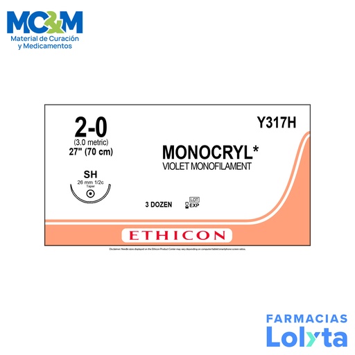 [3834] SUTURA MONOCRYL 2/0 26 MM 70 CM SH AHUSADA REDONDA POLIGLECAPRONE 25 C/12 Y317H ETHICON