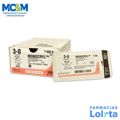 [3836] SUTURA MONOCRYL 3/0 24 MM 70 CM PS-1 REVERSO CORTANTE PRIME POLIGLECAPRONE 25 C/12 Y936H ETHICON PLASTICA