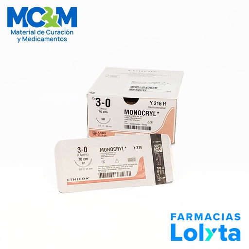 [3837] SUTURA MONOCRYL 3/0 26 MM 70 CM SH AHUSADA REDONDA POLIGLECAPRONE 25 C/12 Y316H ETHICON GASTROINTESTINAL