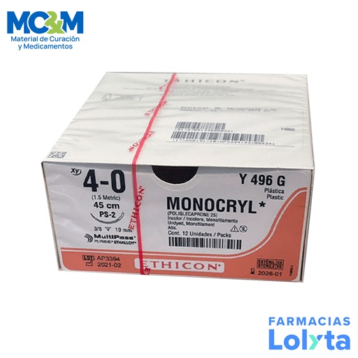 [3839] SUTURA MONOCRYL 4/0 19 MM 45 CM PS-2 REVERSO CORTANTE PRIME POLIGLECAPRONE 25 C/12 Y496G ETHICON PLASTICA
