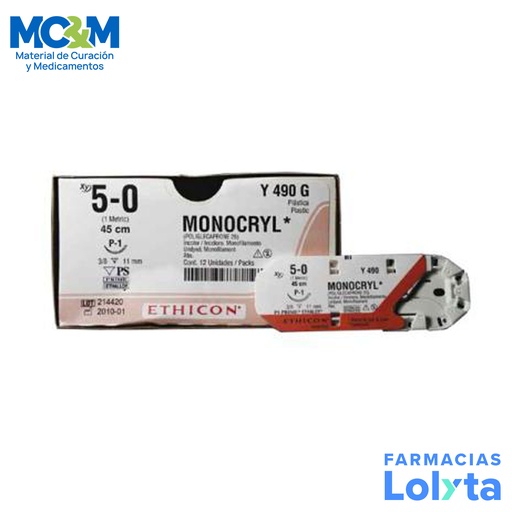 [3841] SUTURA MONOCRYL 5/0 11 MM 45 CM P-1 REVERSO CORTANTE PRIME POLIGLECAPRONE 25 C/12 Y490G ETHICON PLASTICA