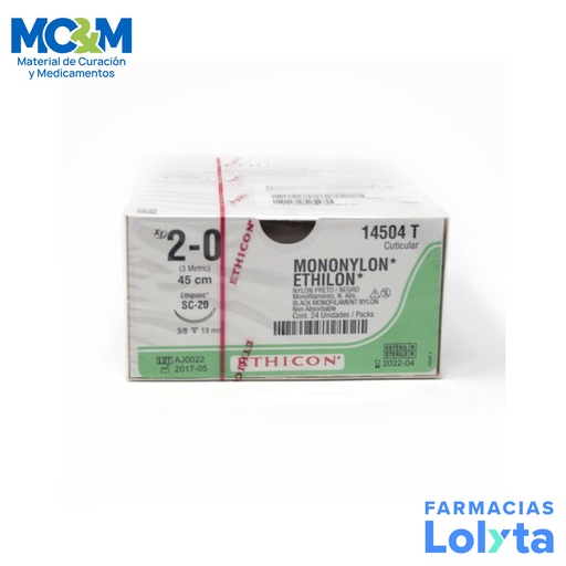 [3845] SUTURA MONONYLON ETHILON 2/0 19 MM 45 CM SC-20 REVERSO CORTANTE NYLON C/12 14504T ETHICON CUTICULAR