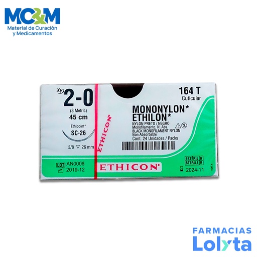 [801] SUTURA MONONYLON ETHILON 2/0 26 MM 45 CM SC-26 REVERSO CORTANTE NYLON C/12 164T ETHICON CUTICULAR