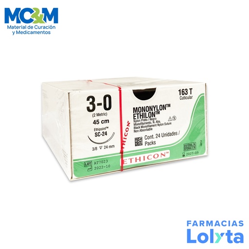 [3848] SUTURA MONONYLON ETHILON 3/0 24 MM 45 CM SC-24 REVERSO CORTANTE NYLON C/12 163T ETHICON CUTICULAR