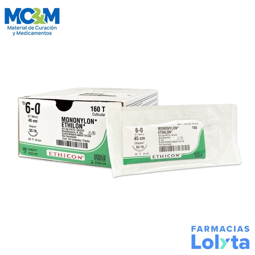 [3852] SUTURA MONONYLON ETHILON 6/0 16 MM 45 CM SC-16 REVERSO CORTANTE NYLON C/12 160T ETHICON CUTICULAR