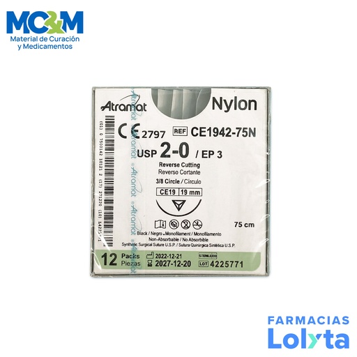 [1105] SUTURA NYLON 2/0 19 MM 75 CM 3/8 REVERSO CORTANTE C/12 CE1942-75N ATRAMAT