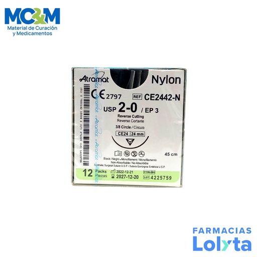 [805] SUTURA NYLON 2/0 24 MM 45 CM 3/8 REVERSO CORTANTE C/12 CE2442-N ATRAMAT