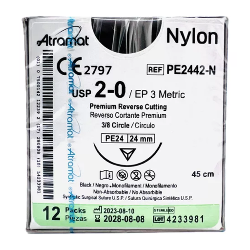 [809] SUTURA NYLON 2/0 24 MM 45 CM 3/8 REVERSO CORTANTE PREMIUM C/12 PE2442-N ATRAMAT