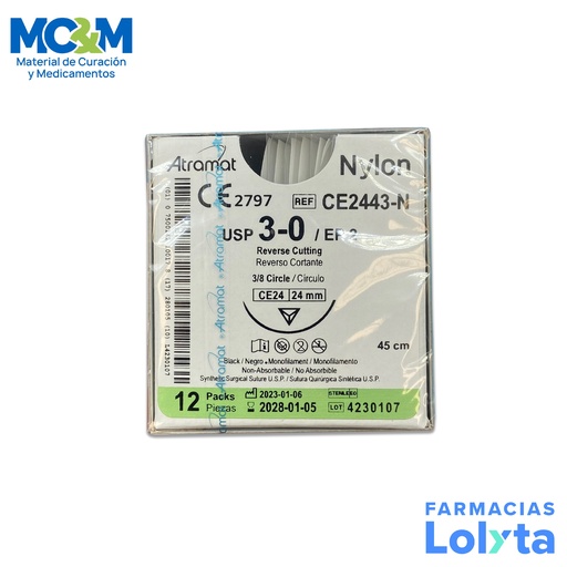 [994] SUTURA NYLON 3/0 24 MM 45 CM 3/8 REVERSO CORTANTE C/12 CE2443-N ATRAMAT