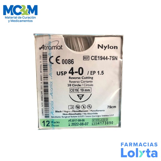 [1096] SUTURA NYLON 4/0 19 MM 75 CM 3/8 REVERSO CORTANTE C/12 CE1944-75N ATRAMAT