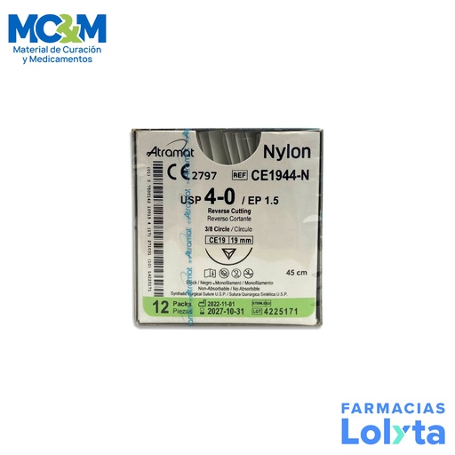 [2922] SUTURA NYLON 4/0 19 MM 45 CM 3/8 REVERSO CORTANTE C/12 CE1944-N ATRAMAT