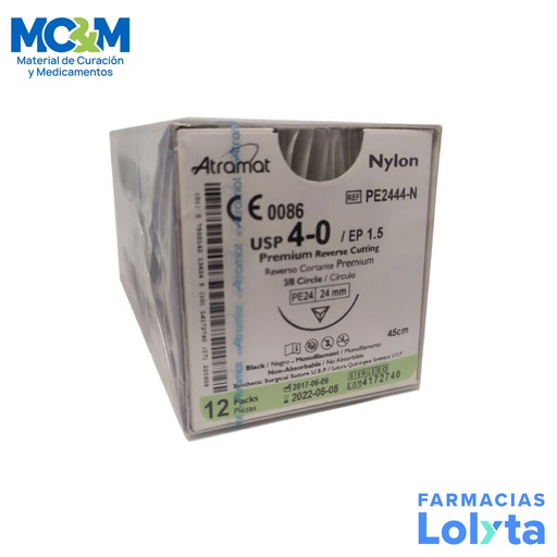 [2923] SUTURA NYLON 4/0 24 MM 45 CM 3/8 REVERSO CORTANTE PREMIUM C/12 PE2444N ATRAMAT