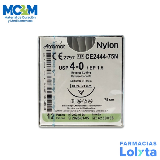 [1097] SUTURA NYLON 4/0 24 MM 75 CM 3/8 REVERSO CORTANTE C/12 CE2444-75N ATRAMAT