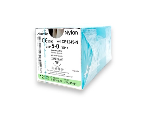 [2924] SUTURA NYLON 5/0 12 MM 45 CM 3/8 REVERSO CORTANTE C/12 CE1245-N ATRAMAT