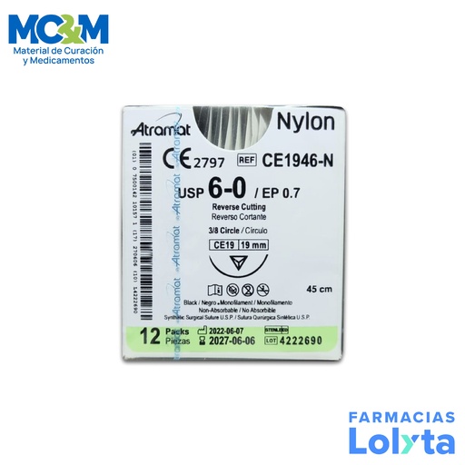 [815] SUTURA NYLON 6/0 19 MM 45 CM 3/8 REVERSO CORTANTE C/12 CE1946-N ATRAMAT