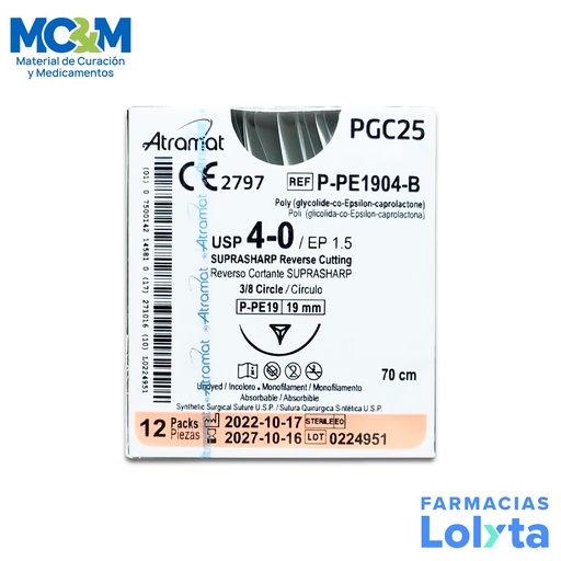 [822] SUTURA POLIGLICOLIDA-CO-EPSILON-CAPROLACTONA 4/0 19 MM 70 CM 3/8 REVERSO CORTANTE SUPRASHARP C/12 P-PE1904-B ATRAMAT PGC25 (MONOCRYL J&J)