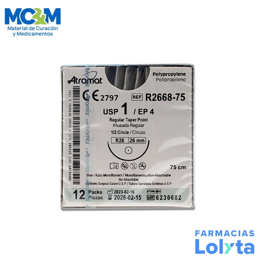 [1098] SUTURA POLIPROPILENO 1 26 MM 75 CM 1/2 AHUSADA REGULAR REDONDA C/12 R2668-75 ATRAMAT
