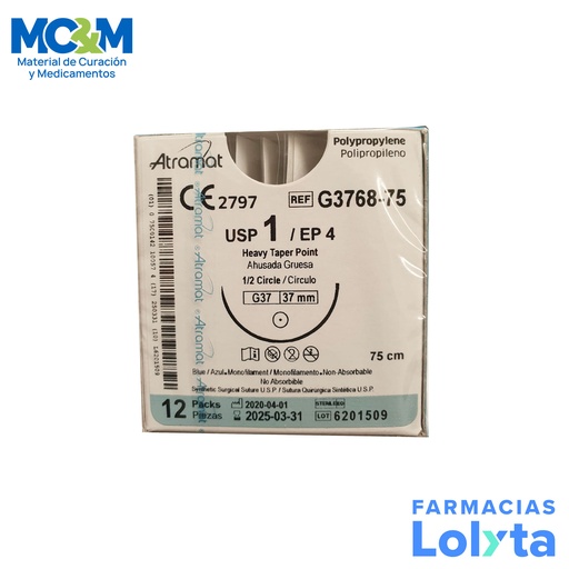 [2939] SUTURA POLIPROPILENO 1 37 MM 75 CM 1/2 AHUSADA GRUESA REDONDA C/12 G3768-75 ATRAMAT