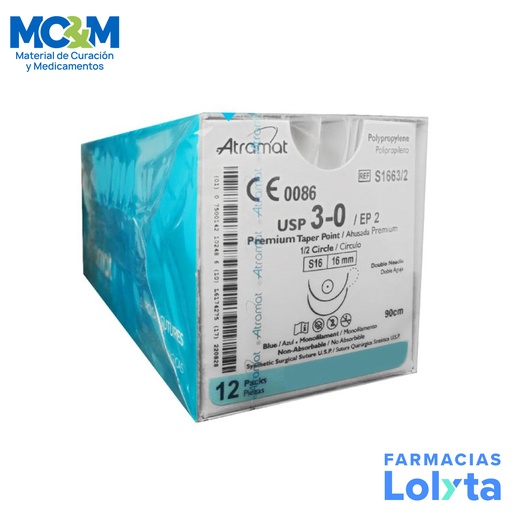 [2943] SUTURA POLIPROPILENO 3/0 16 MM 90 CM 1/2 AHUSADA PREMIUM REDONDA DOBLE ARMADA C/12 S1663/2 ATRAMAT