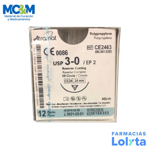 [2944] SUTURA POLIPROPILENO 3/0 24 MM 45 CM 3/8 REVERSO CORTANTE C/12 CE2463 ATRAMAT
