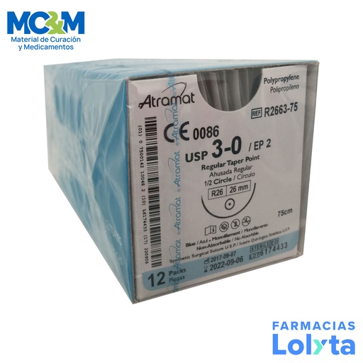 [2945] SUTURA POLIPROPILENO 3/0 26 MM 75 CM 1/2 AHUSADA REGULAR REDONDA C/12 R2663-75 ATRAMAT