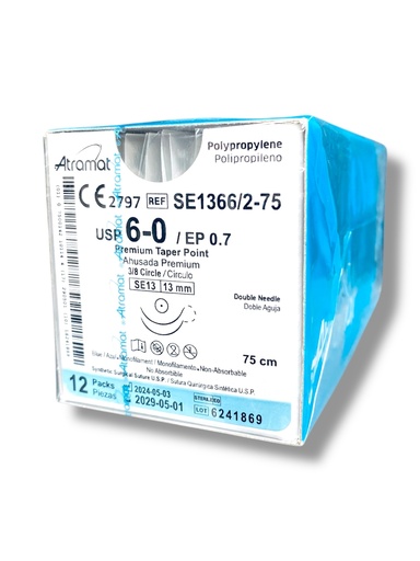 [830] SUTURA POLIPROPILENO 6/0 13 MM 75 CM 3/8 AHUSADA PREMIUM REDONDA DOBLE ARMADA C/12 SE1366/2-75 ATRAMAT
