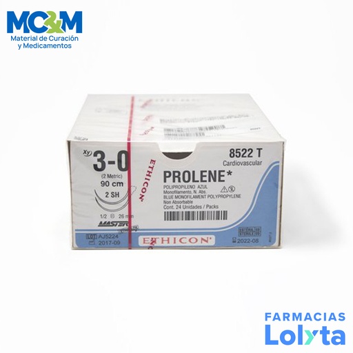 [3868] SUTURA PROLENE 3/0 26 MM 90 CM 2SH AHUSADA REDONDA DOBLE ARMADA POLIPROPILENO 8522T ETHICON CARDIOVASCULAR
