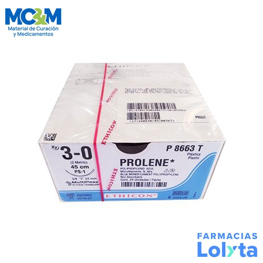 [3869] SUTURA PROLENE 3/0 24 MM 45 CM PS-1 REVERSO CORTANTE PRIME POLIPROPILENO C/12 P8663T ETHICON PLASTICA