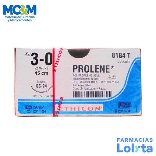 [3870] SUTURA PROLENE 3/0 24 MM 45 CM SC-24 REVERSO CORTANTE POLIPROPILENO C/12 8184T ETHICON CUTICULAR