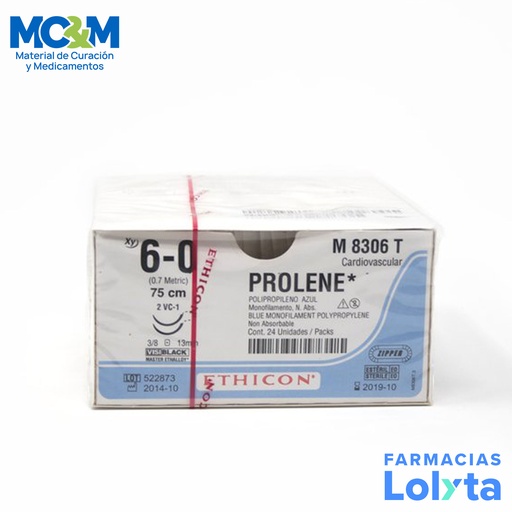 [3879] SUTURA PROLENE 6/0 13 MM 75 CM 2VC-1 AHUSADA REDONDA DOBLE ARMADA POLIPROPILENO C/12 M8306T ETHICON CARDIOVASCULAR