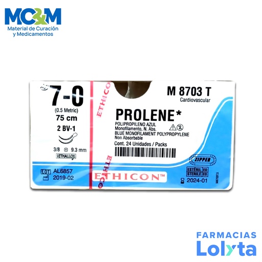 [832] SUTURA PROLENE 7/0 9.3 MM 75 CM 2BV-1 AHUSADA REDONDA DOBLE ARMADA POLIPROPILENO C/12 M8703T ETHICON CARDIOVASCULAR