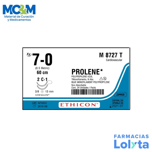 [833] SUTURA PROLENE 7/0 13 MM 60 CM 2C-1 AHUSADA REDONDA DOBLE ARMADA POLIPROPILENO C/12 M8727T ETHICON CARDIOVASCULAR