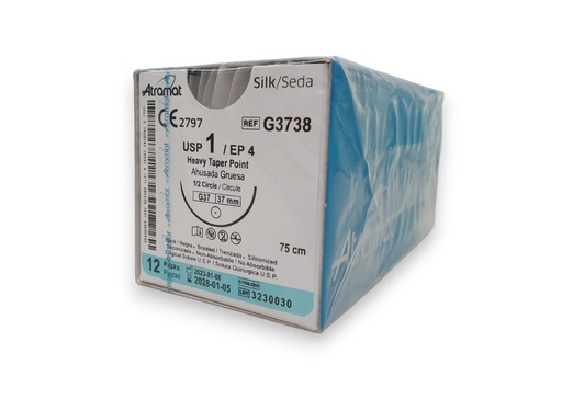 [2957] SUTURA SEDA 1 37,36 MM 75 CM 1/2 AHUSADA GRUESA REDONDA C/12 G3738 ATRAMAT