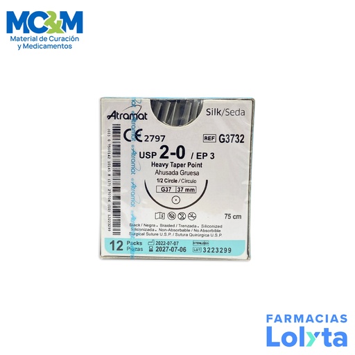 [838] SUTURA SEDA 2/0 37,36 MM 75 CM 1/2 AHUSADA GRUESA REDONDA C/12 G3732 ATRAMAT