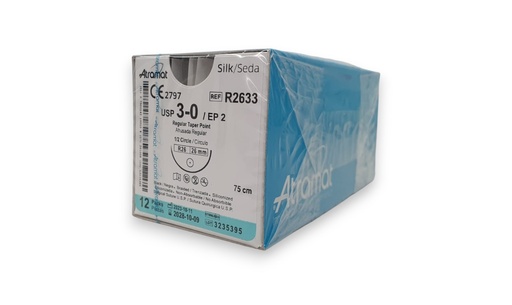 [2961] SUTURA SEDA 3/0 26 MM 75 CM 1/2 AHUSADA REGULAR REDONDA C/12 R2633 ATRAMAT