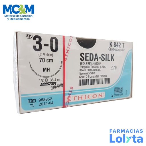 [3892] SUTURA SEDA 3/0 36.4 MM 70 CM MH AHUSADA REDONDA C/12 K842T ETHICON CARDIOVASCULAR