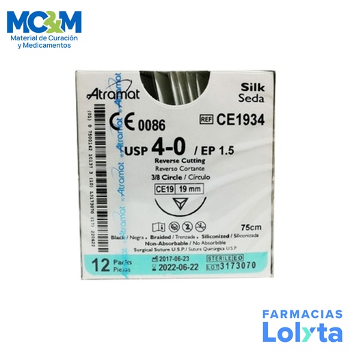 [2963] SUTURA SEDA 4/0 19 MM 75 CM 3/8 REVERSO CORTANTE C/12 CE1934 ATRAMAT